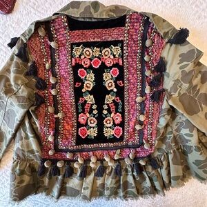 ZARA Camo Back Tapestry Embroidered Boho Peplum Jacket Raw Hem Size XS